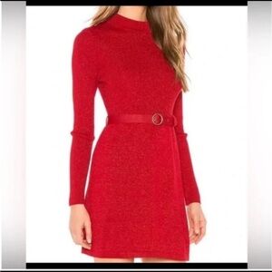 Free People French Girl Red Shimmer Belted Sweater Above the Kneee Mini Dress